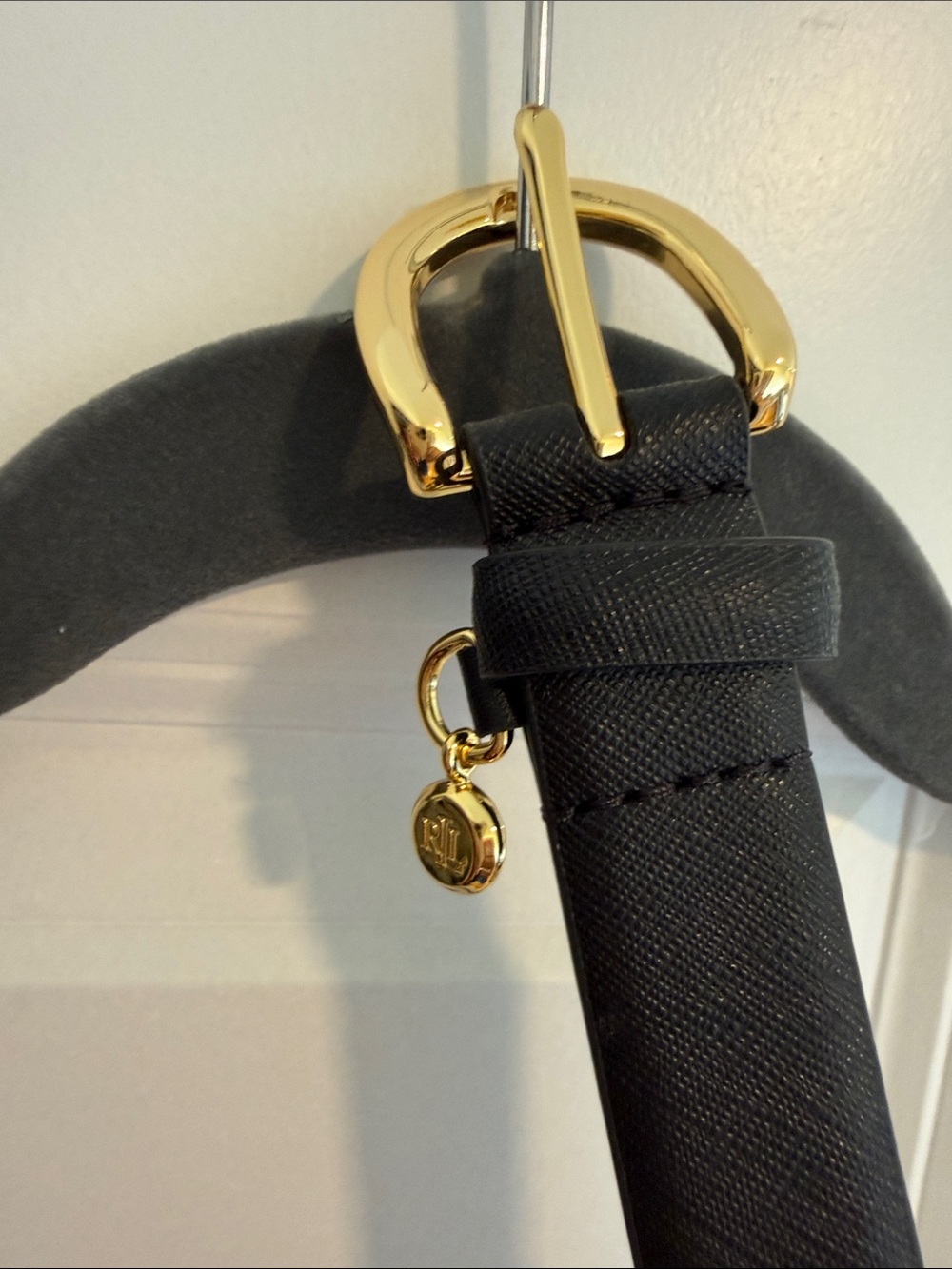Black Textured Belt with Gold Buckle and Charm